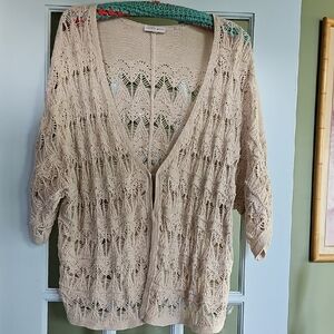 VINTAGE Fashion Bug Beige Knit Crochet Cardigan Xlarge 90's Women Sweater